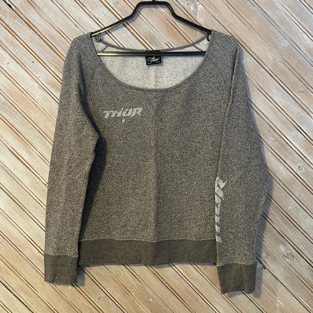 Thor Motocross grey scoop neck pullover sweater grey logo Large long sleeve VTG